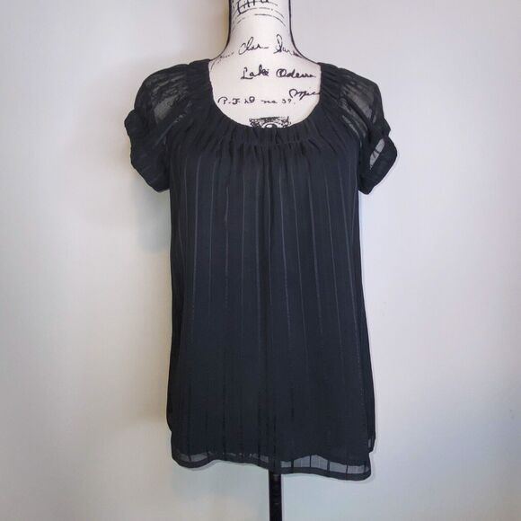 Banana Republic Small Pleated Scoop Neck Short Sleeve Striped Navy Blouse/Top - Picture 1 of 5